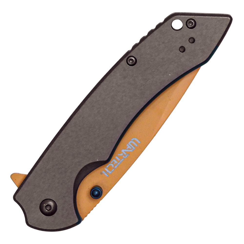 Assisted Open Folding Pocket Knife with Grey handle and Orange Blade view 3